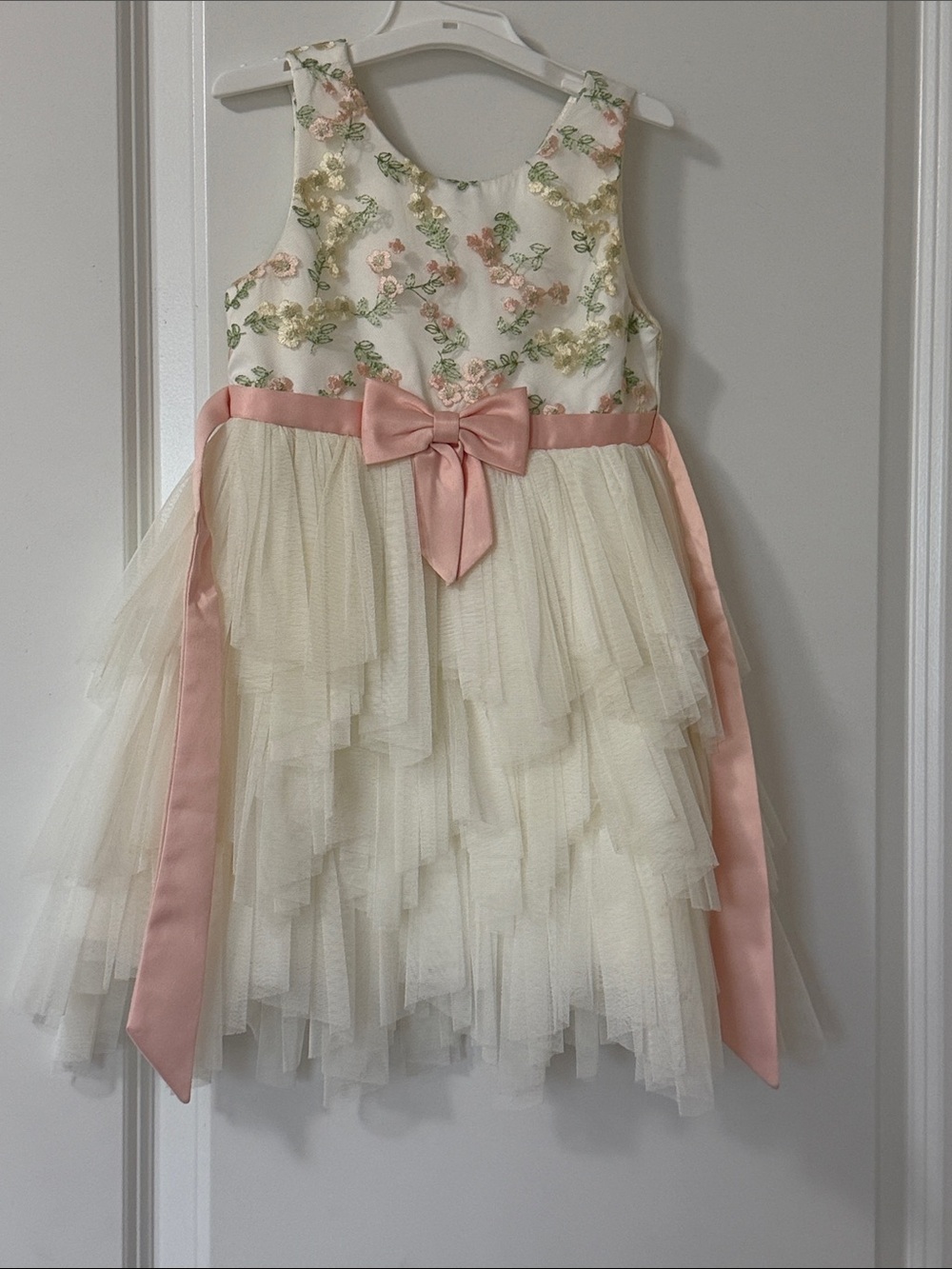 Girls Ivory Tulle Floral Applique Dress with Pink Sash